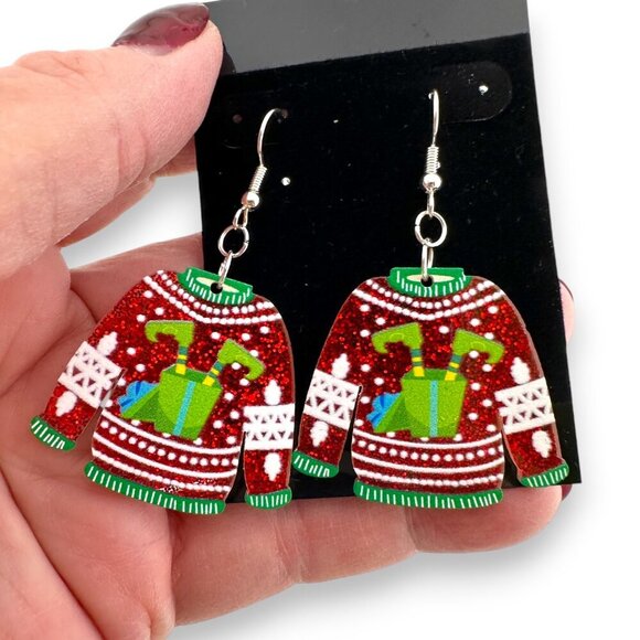 Ugly Elf Sparkly Christmas Sweater Red Green and White - Picture 1 of 6